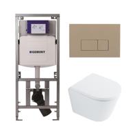 QeramiQ Dely Toiletset - 36.3x51.7cm - diepspoel - rimless - Geberit UP320 Burda inbouwreservoir - softclose toilet zitting 35 mm - bedieningsplaat taupe - rechthoekige knoppen - wit glans SW1026255 / SW1159505/0701131/SW1102379