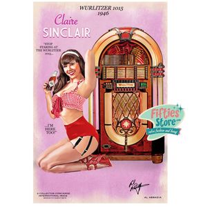 Wurlitzer 1015 Jukebox Pin-Up Claire Sinclair Zwaar Metalen Bord 44,5 x 29 cm UIT DE COLLECTIE!