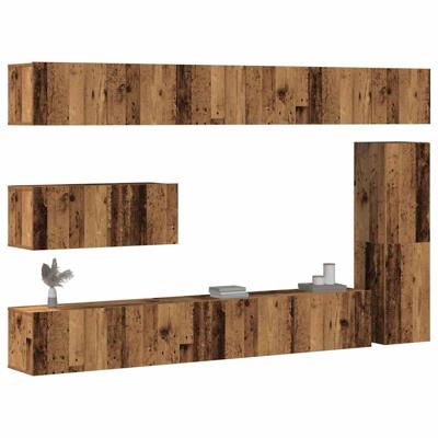 7-delig Tv-meubelset wandmontage bewerkt hout oud houtkleurig