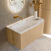 Badmeubel Mondiaz Kurve-Dlux | 95 cm | Meubelkleur Oak | Wastafelkleur Glace | Solid surface | Links spoelbak | Zonder kraangat(en) Badmeubel Mondiaz Kurve-Dlux | 95 cm | Meubelkleur Oak | Wastafelkleur Glace | Solid surface | Links spoelbak | Zonder kraangat(en)