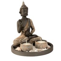 Boeddha beeldje met 2 kaarshouders op schaal - kunststeen - goud/grijs - 18 x 21 cm - deco artikel Boeddha beeldje met 2 kaarshouders op schaal - kunststeen - goud/grijs - 18 x 21 cm - deco artikel