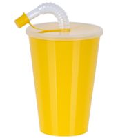 Drinkbeker met deksel en rietje - geel - kunststof - 450 ml - 12 x 9 cm Drinkbeker met deksel en rietje - geel - kunststof - 450 ml - 12 x 9 cm
