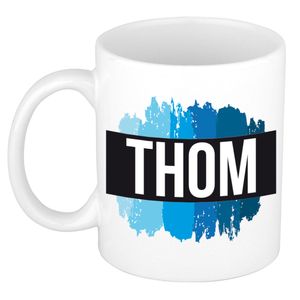 Naam cadeau mok / beker Thom met blauwe verfstrepen 300 ml