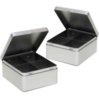 2x stuks metalen 4-vaks theedoos/theekist 15 cm - theezakjes - zilverkleurig