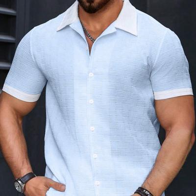 Bon&Bon Homme Men's Beige Contrast Trim Short Sleeve Casual Shirt Blue and White / S