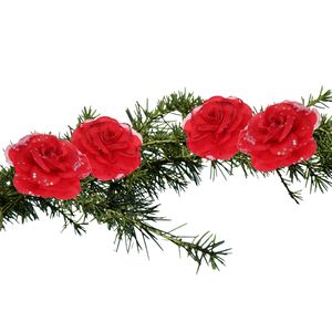 4x stuks decoratie bloemen rozen rood op clip 9 cm