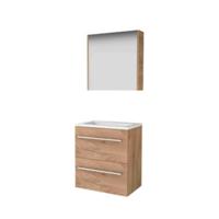Basic-Line Comfort 39 Badkamermeubelset - Ondiep - 60 x 39 cm - Met Grepen - 2 Lades - Acryl Wastafel - 1 Kraangat - Spiegelkast - Whisky Oak
