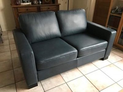 Leren 2-zits bank met houten poten - blauw leer - Echt leer, Modern, ontdek de vele Leersoorten en Kleuren bij ShopX