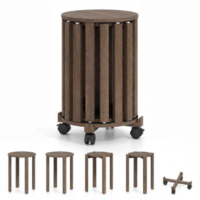 Set van 4 Stapelbare Houten Krukken Eetkamerkrukken met Massief Houten Poten en Vergrendelbare Wieltjes Multifunctionele Ronde Krukken-Okkernoot