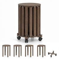 Set van 4 Stapelbare Houten Krukken Eetkamerkrukken met Massief Houten Poten en Vergrendelbare Wieltjes Multifunctionele Ronde Krukken-Okkernoot