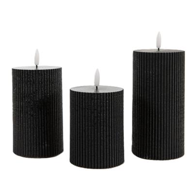 Anna Collection LED kaarsen - stompkaarsen set - 3x stuks - diep zwart - ribbel