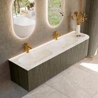 Badmeubel Mondiaz Kurve-Dlux | 175 cm cm | Meubelkleur Shadow | Wastafelkleur Frappe | Solid surface | Dubbel / Links spoelbak | 2 kraangaten