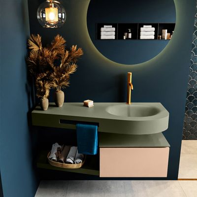 MONDIAZ RIVA 120cm badmeubel onderkast / planchet kleur Rosee met 1 lade. Wastafel DULCET rechts 1 kraangat kleur Army.