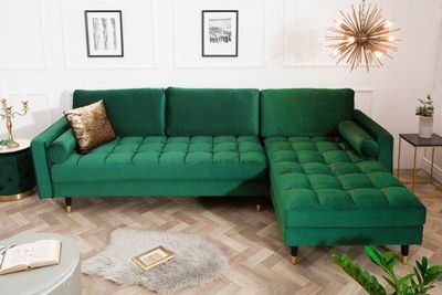 Elegante hoekbank COSY VELVET 260cm smaragdgroene fluwelen veerkern 3-zitsbank - 40274