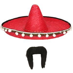 Carnaval verkleed set - Mexicaanse sombrero hoed met plaksnor - rood - heren