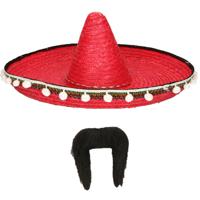 Carnaval verkleed set - Mexicaanse sombrero hoed met plaksnor - rood - heren - thumbnail