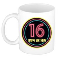 Verjaardag mok / beker - happy birthday 16 jaar - neon - 300 ml - verjaardagscadeau - thumbnail