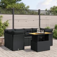 7-delige Loungeset met kussens poly rattan zwart
