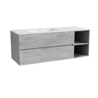 Storke Edge zwevend badmeubel 140 x 52 cm beton donkergrijs met Mata asymmetrisch linkse wastafel in solid surface mat wit