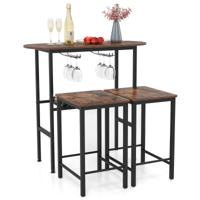 Bartafel met Barstoelen Set voor 2 Personen Bartafel Set met Houders voor Wijnglazen en Flessen Vintage