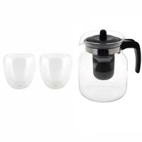 Glazen theepot zwart met filter van 1,5 liter met 2x stuks dubbelwandige theeglazen van 200 ml