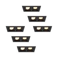 Set van 6 Fresno Dubbele Inbouwspots - Rechthoek - 2x GU10 - 2700K Warm wit - 8 watt 690 lumen - Kantelbaar - IP20 stofdicht - Zwart