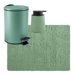 MSV badkamer droogloop tapijt langharig 50x70 cm - pedaalemmer 3L - zeeppompje 300 ml - groen - Badmatjes