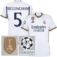 Real Madrid Shirt Thuis 2023-2024 + Bellingham 5 + Fifa World Cup Winners Badge + Champions League Badges