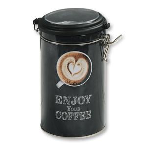 Koffie bewaarblik voor bonen - Enjoy your coffee - metaal - zwart - clipdeksel - D11 x H19 cm