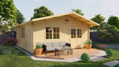 Tuindeco Brandenburg Blokhut 598x598 cm + luifel 100 cm 44 mm vuren blank- Zadeldak- Onbehandeld vurenhout- Tuindeco