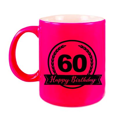 Happy Birthday 60 years cadeau mok / beker neon roze met wimpel 330 ml Happy Birthday 60 years cadeau mok / beker neon roze met wimpel 330 ml