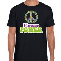 Jaren 60 Flower Power verkleed shirt zwart met groen en paars heren - thumbnail