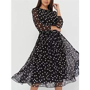 dames zwarte jurk feestjurk cocktailjurk chiffon jurk bruiloftsgastjurk midi-jurk zwart grijs lange mouwen stippenprint lente herfst winter ronde hals Lightinthebox