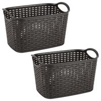 Plasticforte opbergmand - 2x stuks - kastmandje - 6,4 liter - bruin - kunststof - 19 x 29 x 18 cm
