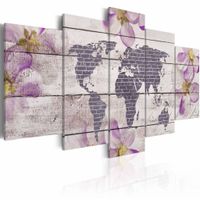 Schilderij - Romantische wereldkaart, lila grijs , 5 luik