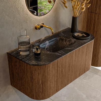 Mondiaz KURVE-DLUX 100 cm Onderkast Greeploos 1 Lade Met Deuren Walnut, Wastafel Solid Surface MIdden Lava 0 Kraangaten Zonder Spiegel (KRVGRU100L+R1L2D0KM-Wal/Lav)