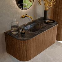 Mondiaz KURVE-DLUX 100 cm Onderkast Greeploos 1 Lade Met Deuren Walnut, Wastafel Solid Surface MIdden Lava 0 Kraangaten Zonder Spiegel (KRVGRU100L+R1L2D0KM-Wal/Lav)