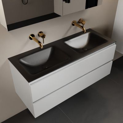 MONDIAZ AIVY 120cm badmeubel Talc, wastafel Urban solid surface dubbel zonder kraangat met spiegelkast (AI-351651URBAN-NO - AI-M120TADU - AI-C120TAMI)