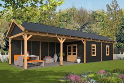 Tuindeco Hamar XL Overkapping type 11 1303x445 cm Lariks/Douglashout blank en Zweeds rabat zwart- Zadeldak- Onbehandeld lariks Douglas hout- Tuindeco