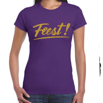 Feestkleding T-shirt voor dames - paars - glitter goud - Glitter en Glamour
