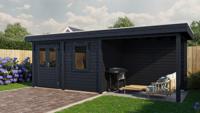 Lugarde Select Modern tuinhuis met overkapping Neerkant 388x250cm + 300cm - Zwarte olie- Plat dak- - Lugarde Select