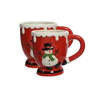 Kerst thema mok - 2x - rood - sneeuwpop - keramiek - 13 x 9 x 10,5 cm - beker