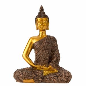 Boeddha beeldje zittend - binnen/buiten - kunststeen - zwart/goud - 17 x 23 cm - Beeldjes