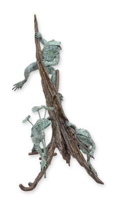 A BRONZE FOUNTAIN OF THREE FROGS ON A TREE