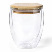 Thermische koffieglazen/theeglazen dubbelwandig - met bamboe deksel - 250 ml   - - thumbnail