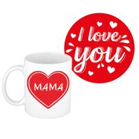 Liefste mama cadeau koffiemok - rood hartje - met I love you onderzetters - moederdag - verjaardag