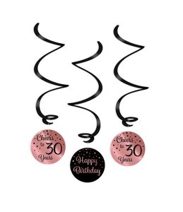 Hangdecoratie Swirls 30 Jaar Roségoud/Zwart (3st)