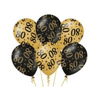 6x stuks leeftijd verjaardag feest ballonnen 80 jaar geworden zwart/goud 30 cm