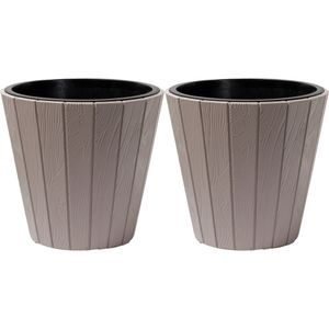 Plantenpot/bloempot Wood Style - 2x - buiten/binnen - kunststof - beige - D30 x H28 cm