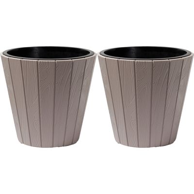 Plantenpot/bloempot Wood Style - 2x - buiten/binnen - kunststof - beige - D30 x H28 cm